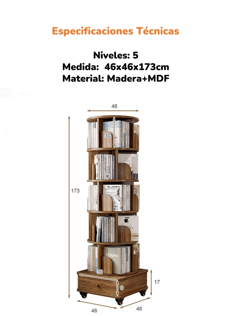 BIBLIOTECA GIRATORIA 360 LIBRERO ORGANIZADOR CON CAJON 173CM - 8