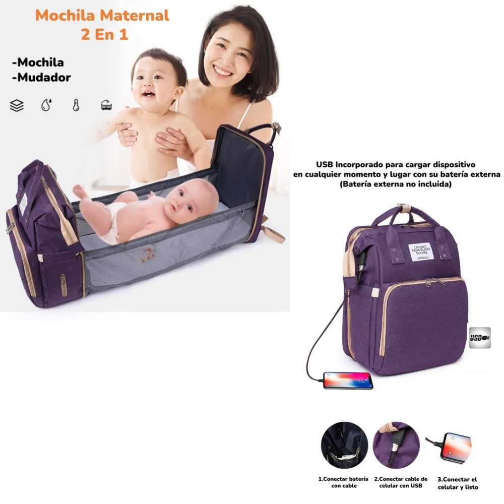 MOCHILA MATERNAL 3 EN 1 CON CUNITA LUBABYCAS GRIS - 2