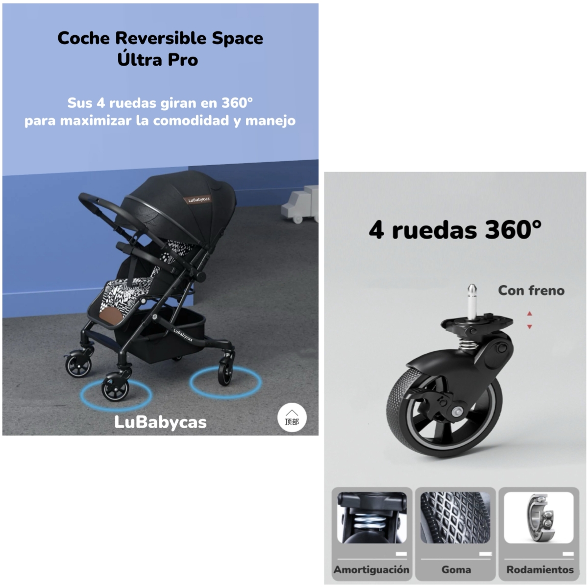 COCHE DE PASEO REVERSIBLE 4 RUEDAS 360°SPACE GRIS LUBABYCAS - 2