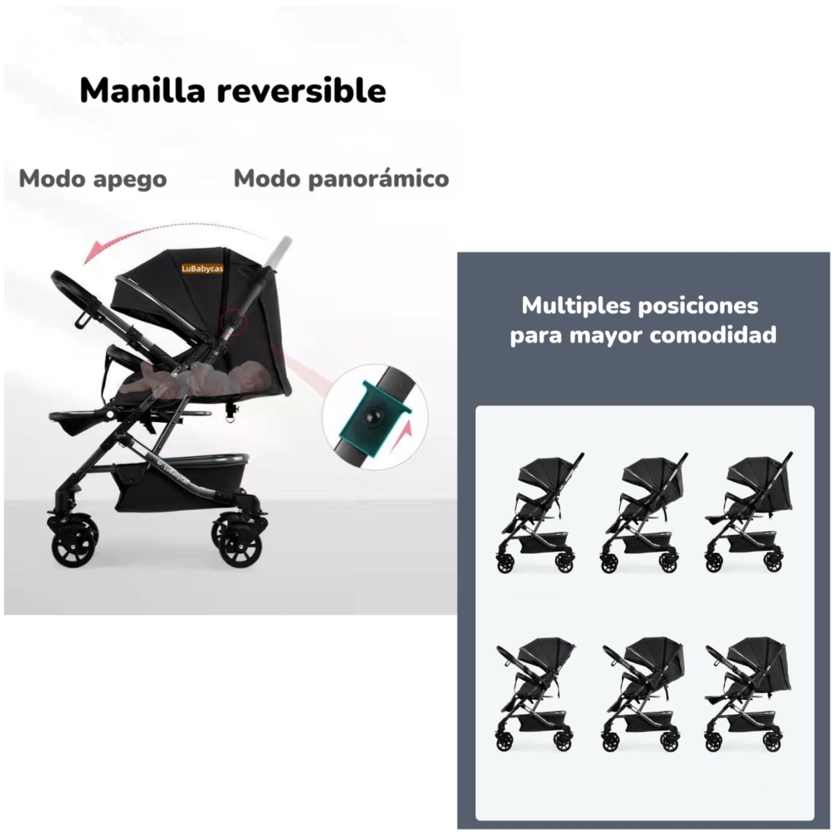 COCHE DE PASEO REVERSIBLE 4 RUEDAS 360°SPACE GRIS LUBABYCAS - 3