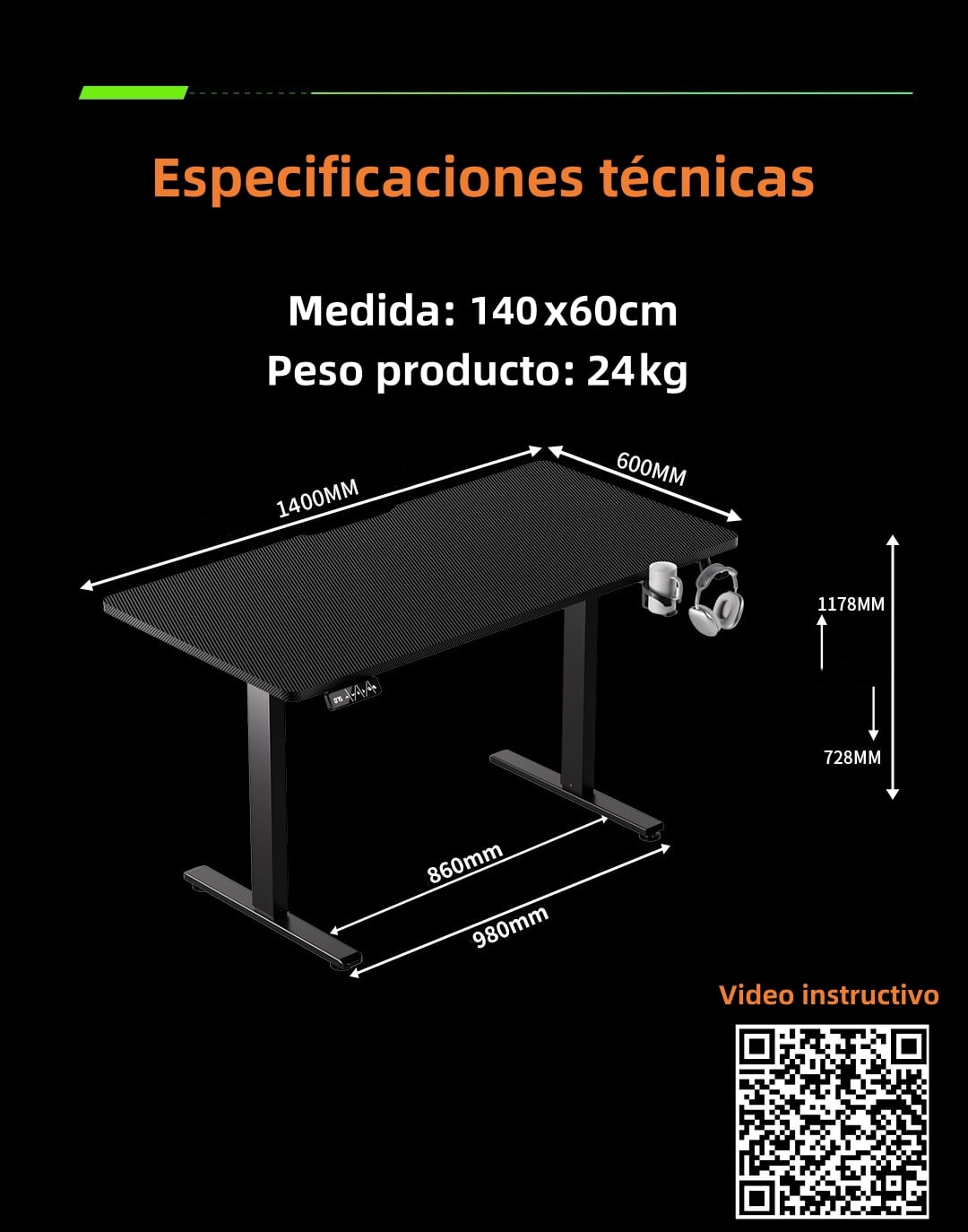 ESCRITORIO ELE CTRICO REGULABLE WARRIOR 140CM LUBABYCAS - 8