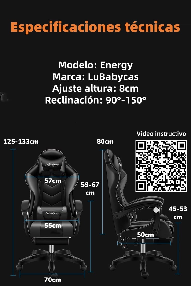 SILLA GAMER RECLINABLE CON REPOSA PIES BLANCA LUBABYCAS - 8