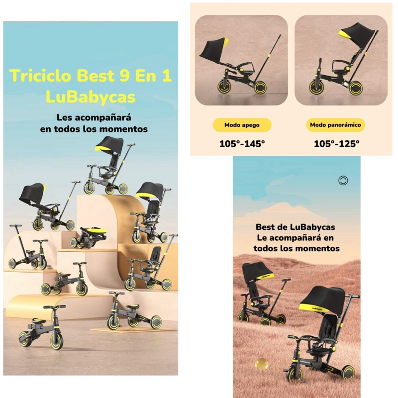 TRICICLO BALANCE PLEGABLE CON BOLSO 9 EN 1 LUBABYCAS ROSADO - 2