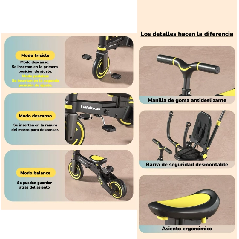TRICICLO BALANCE PLEGABLE CON BOLSO 9 EN 1 LUBABYCAS ROSADO - 7