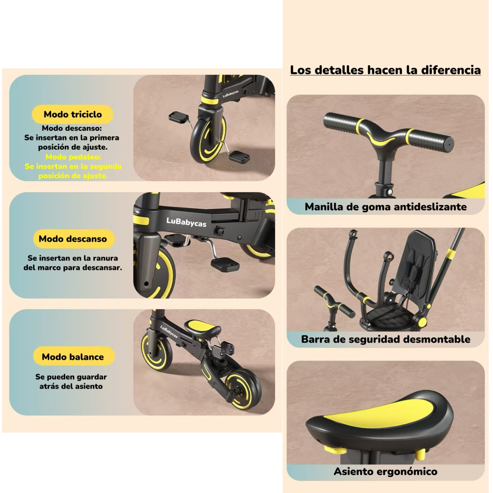 TRICICLO BALANCE PLEGABLE CON BOLSO 9 EN 1 LUBABYCAS NEGRO - 7