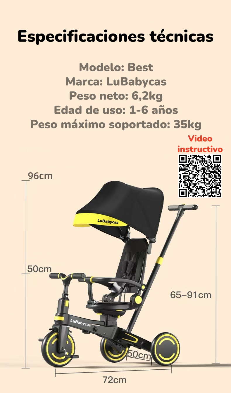 TRICICLO BALANCE PLEGABLE CON BOLSO 9 EN 1 LUBABYCAS NEGRO - 8
