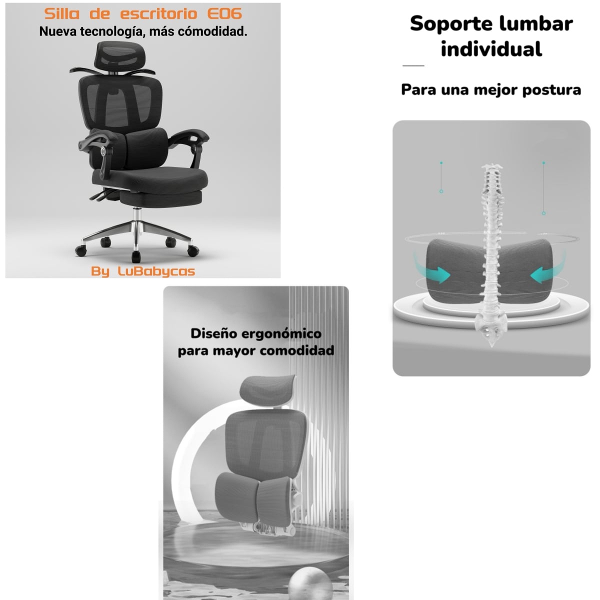 SILLA DE ESCRITORIO RECLINABLE REPOSAPIES E06NEGRA LUBABYCAS - 2