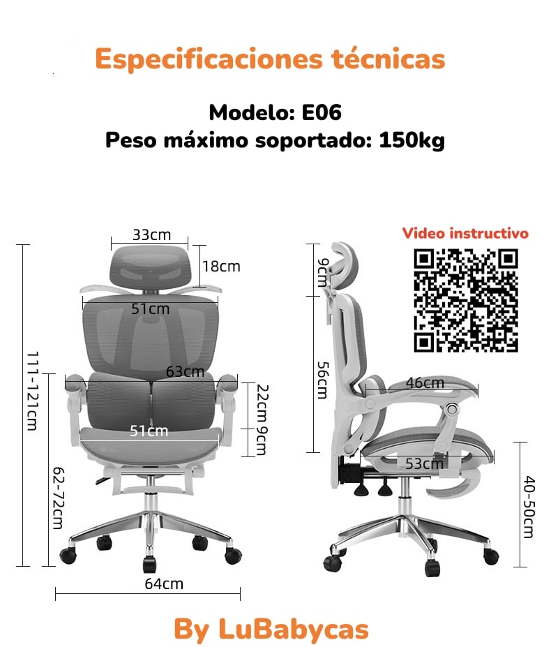 SILLA DE ESCRITORIO RECLINABLE REPOSAPIES E06NEGRA LUBABYCAS - 8