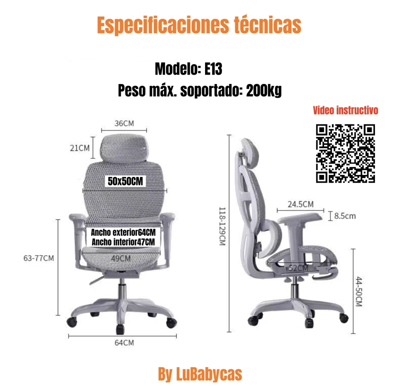 SILLA DE ESCRITORIO RECLINABLE PREMIUM E13 GRIS LUBABYCAS - 8
