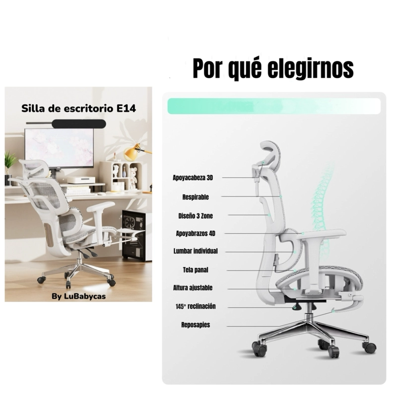 SILLA DE ESCRITORIO RECLINABLE E14 GRIS LUBABYCAS - 2