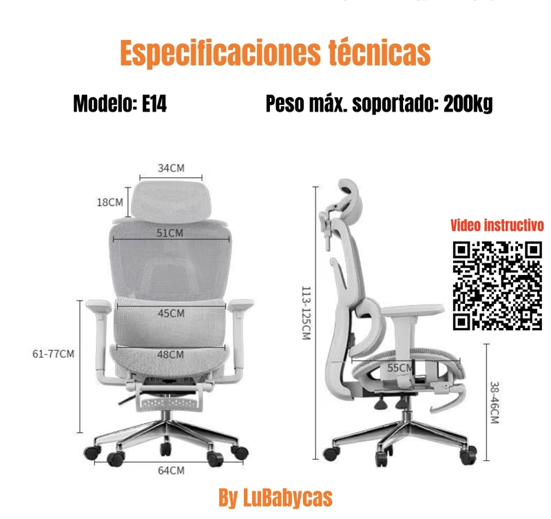 SILLA DE ESCRITORIO RECLINABLE E14 GRIS LUBABYCAS - 8