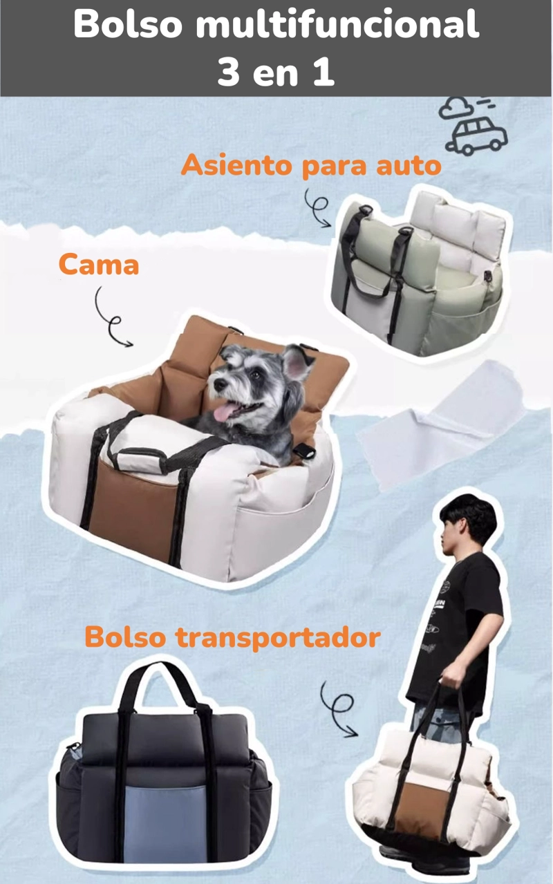 BOLSO DE ASIENTO PORTATIL TRANSPORTADOR 3 EN 1 MASCOTA AUTO - 2