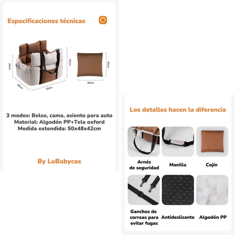 BOLSO DE ASIENTO PORTATIL TRANSPORTADOR 3 EN 1 MASCOTA AUTO - 8