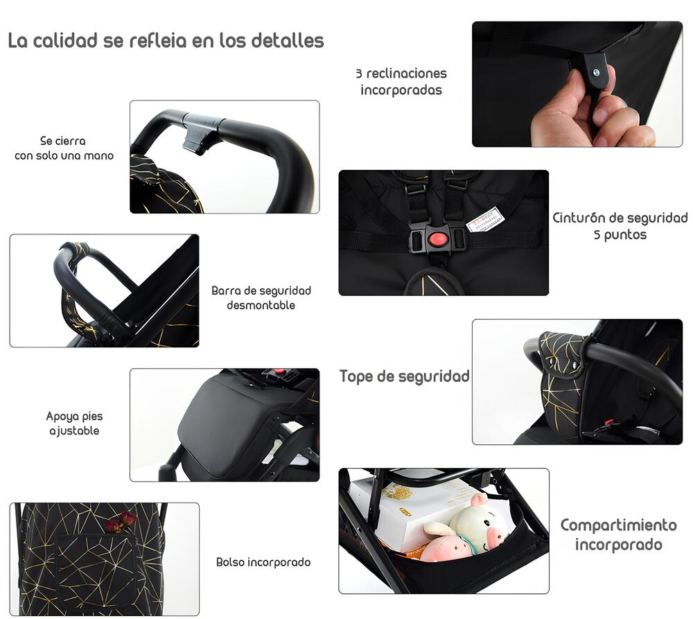 COCHE DE PASEO ÚLTRA COMPACTO CON POSA VASO LUBABYCAS NEGRO - 6