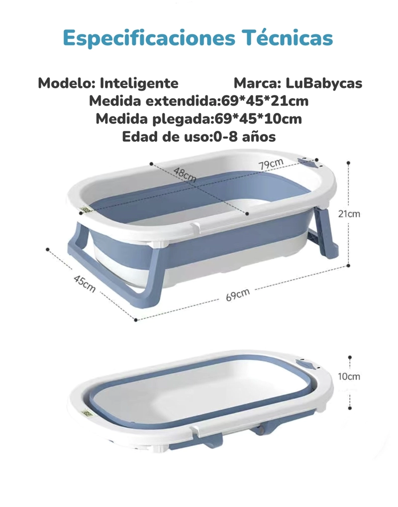 BAÑERA PLEGABLE CON TERMÓMETRO, COJIN Y MÁS ACCESORIOS AZUL - 8