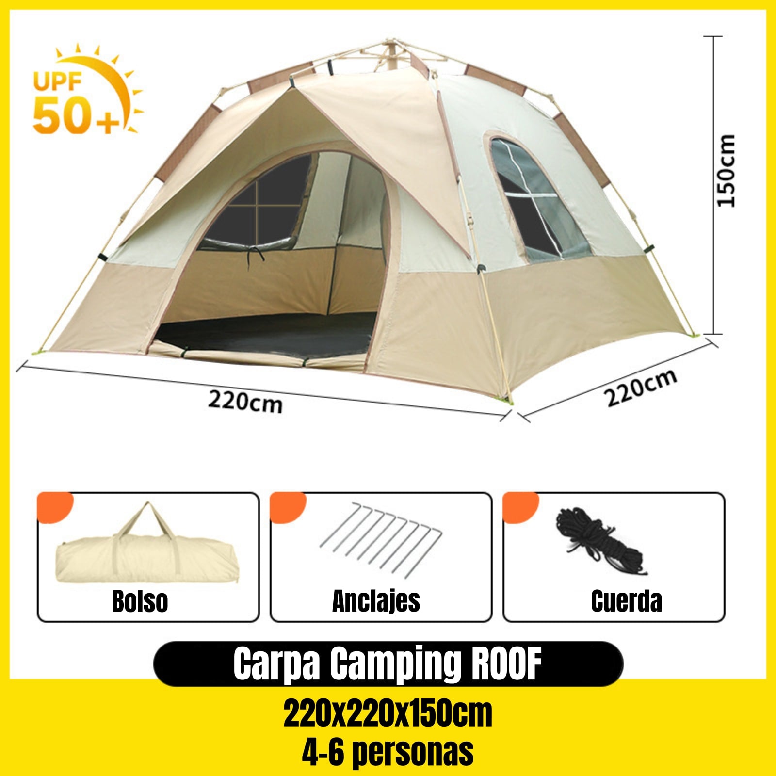 CARPA CAMPING AUTOMATICA 6 PERSONAS CON ACCESORIOS ROOF CAFE - 2