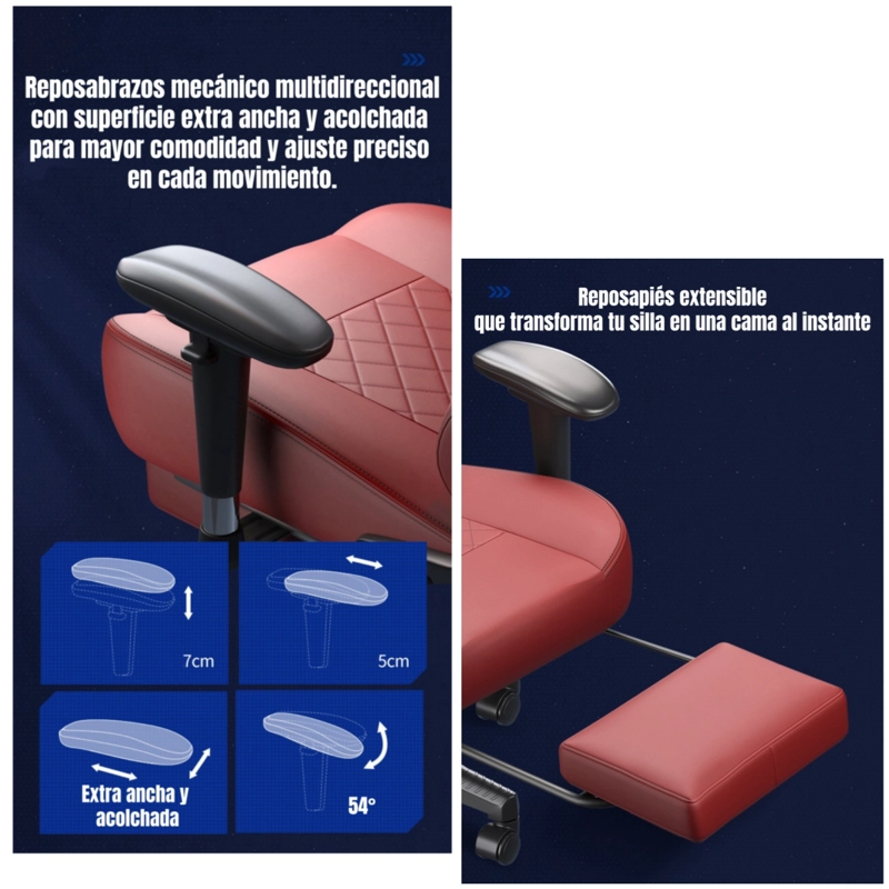 SILLA GAMER PREMIUM RECLINABLE CON REPOSAPIES POWER ROJA - 6