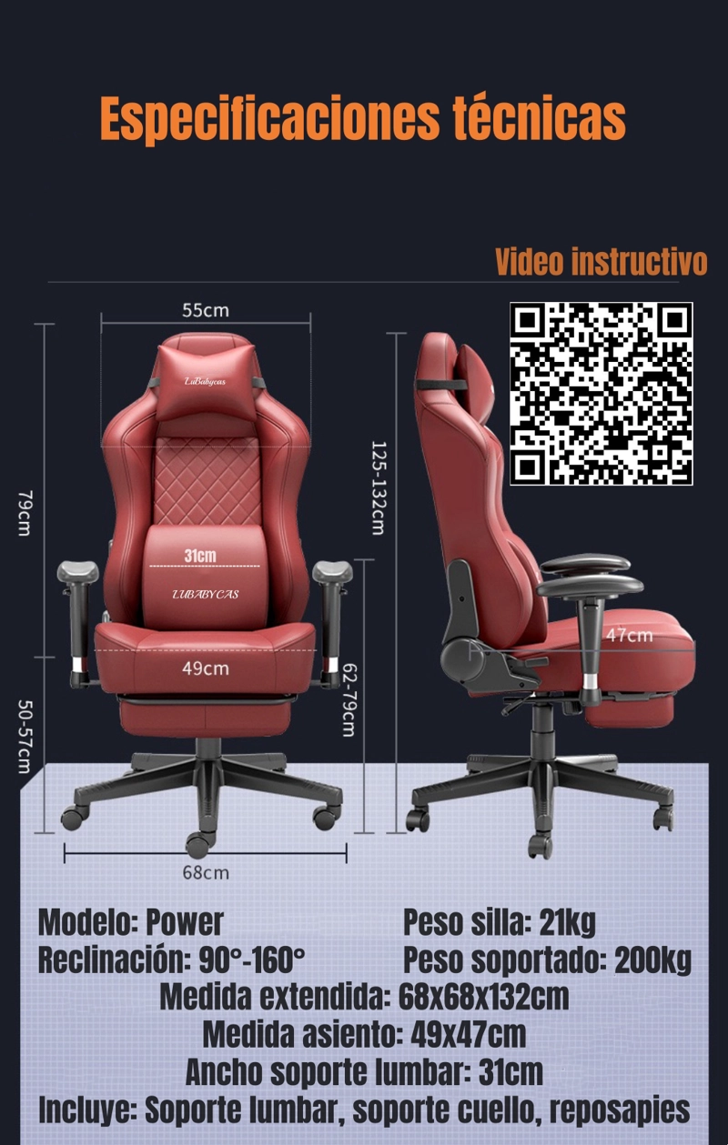 SILLA GAMER PREMIUM RECLINABLE CON REPOSAPIES POWER ROJA - 8