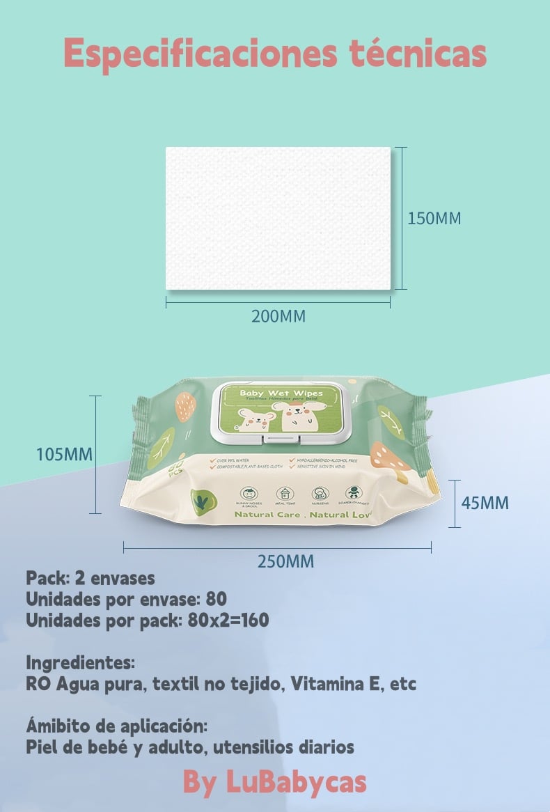 TOALLITAS HUMEDAS CON TAPA PACK 2X80 UNIDADES LUBABYCAS - 8