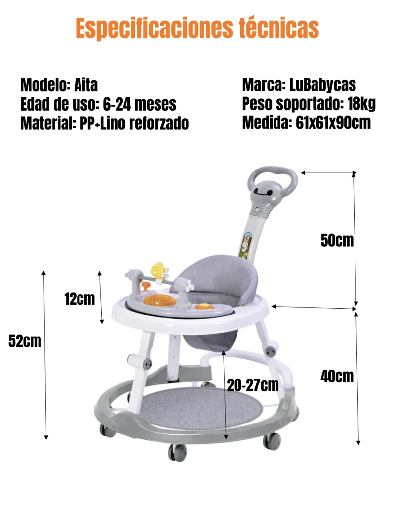 ANDADOR CAMINADOR 4 EN 1 AITA CON MANILLA LUBABYCAS GRIS - 8