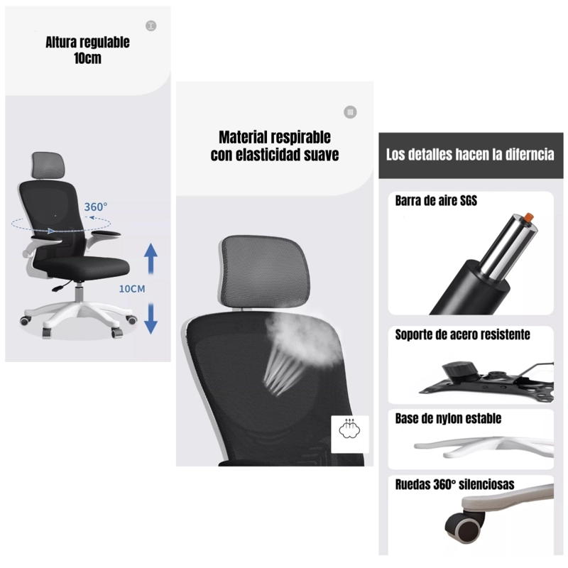SILLA DE ESCRITORIO 360° KIKKA CON APOYACABEZA NEGRA - 7