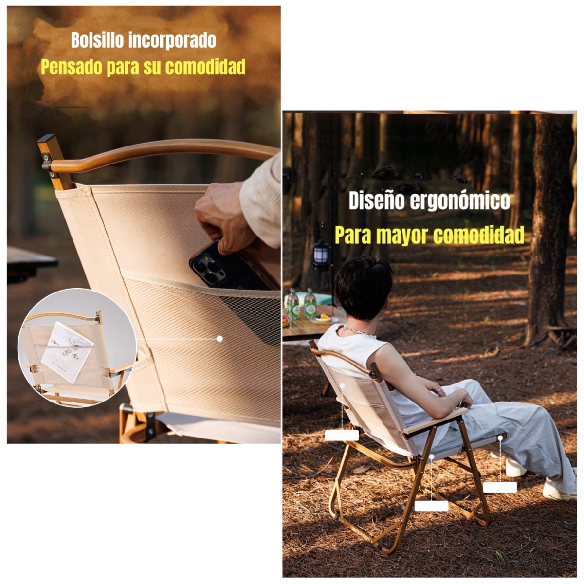 SILLA PLEGABLE CAMPING CON BOLSILLO PLAYA PICNIC BEIGE KEMI - 5