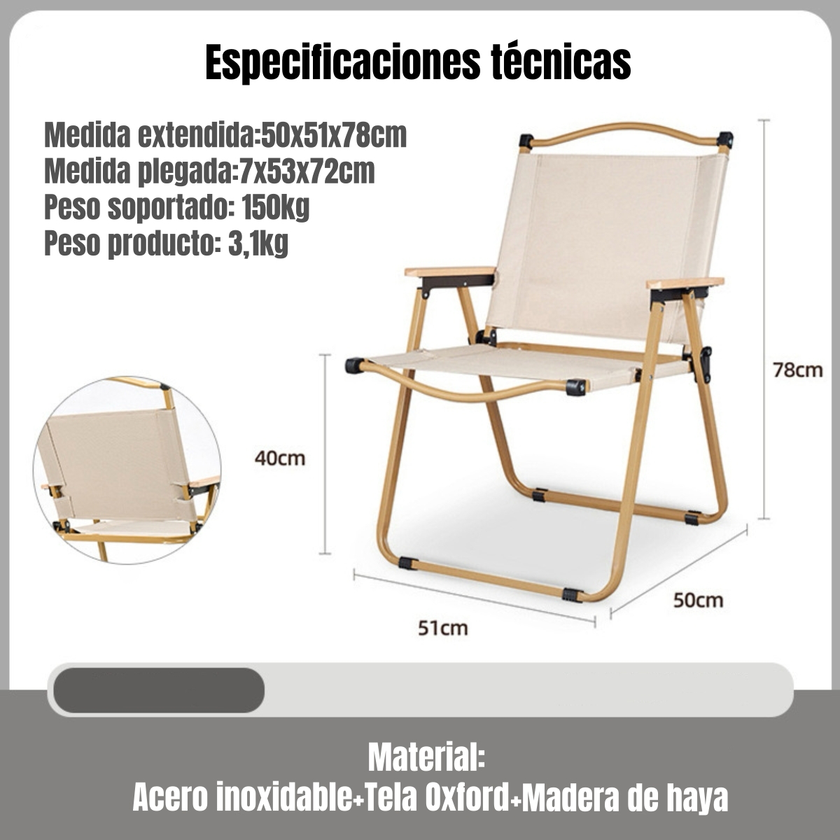 SILLA PLEGABLE CAMPING CON BOLSILLO PLAYA PICNIC BEIGE KEMI - 7