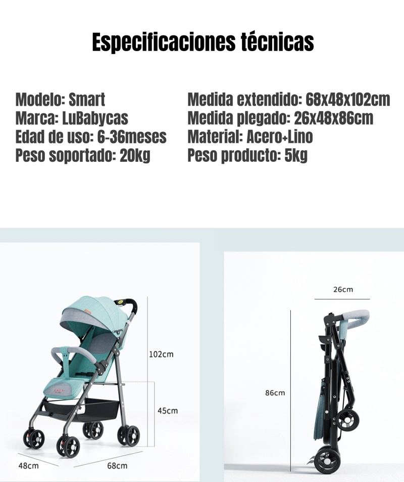 COCHE DE PASEO RECLINABLE LIVIANO SMART NEGRO LUBABYCAS - 8