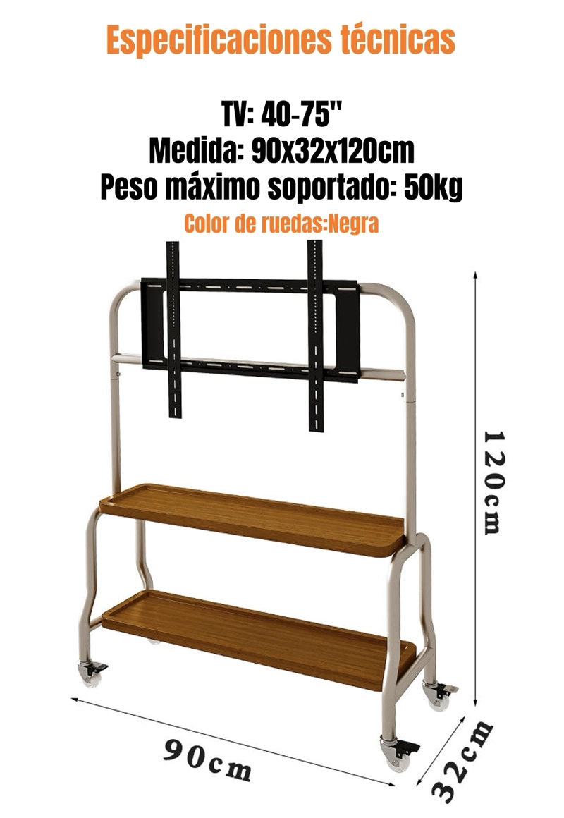 SOPORTE TV RACK PEDESTAL 40”-75” RUEDAS DOBLE ALMACENAMIENTO - 8