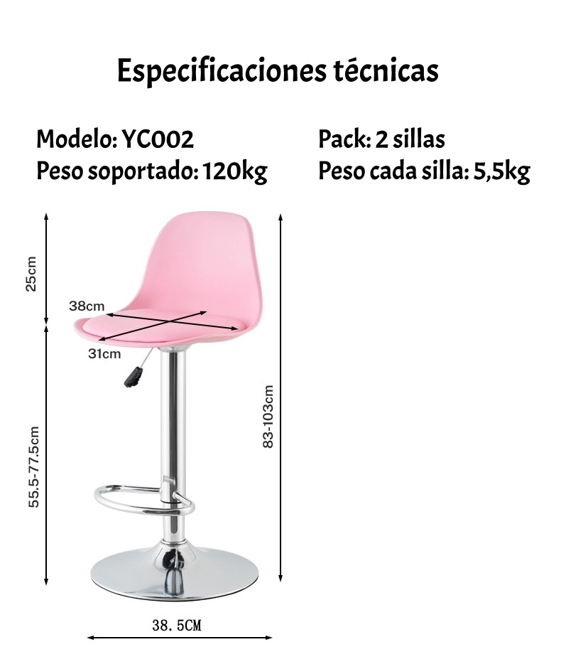 PACK 2 SILLAS PISO BAR EN COLOR NEGROS ALTURA REGULABLE CON RESPALDO - 8