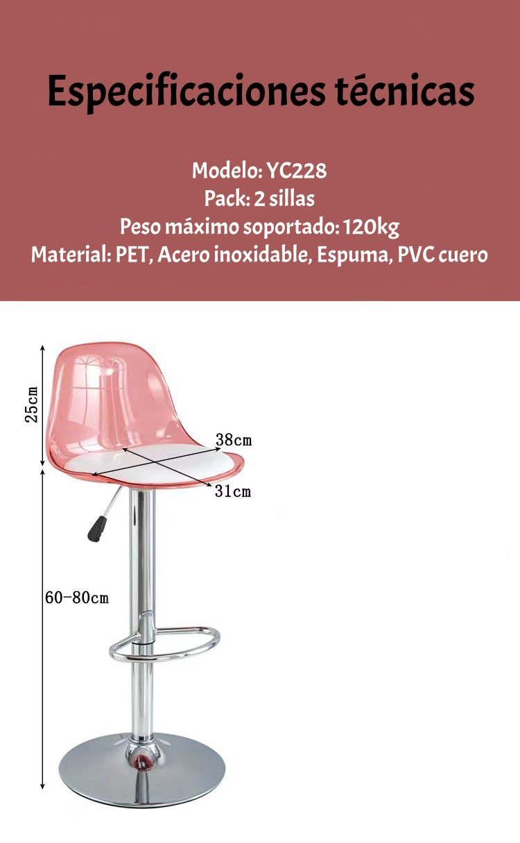 PACK 2 SILLAS PISO BAR EN COLOR BLANCOS ALTURA REGULABLE CON RESPALDO - 8