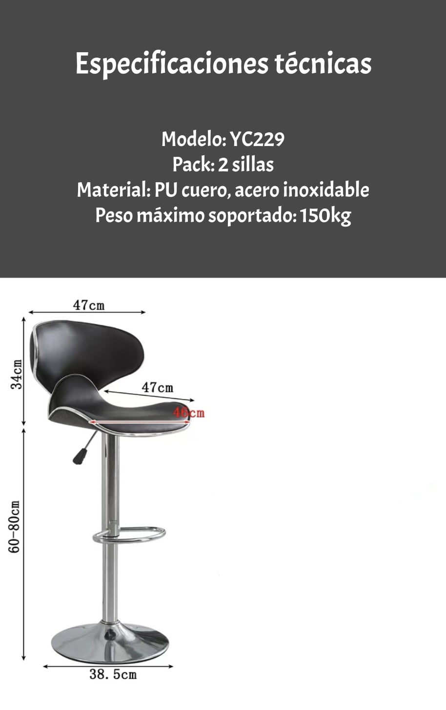PACK 2 SILLAS PISO BAR PREMIUM NEGRAS ALTURA REGULABLE YC229 - 8
