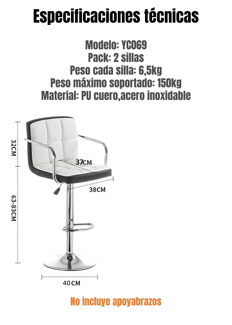 PACK 2 SILLAS PISO BAR NEGRA ALTURA REGULABLE ECOCUERO YC069 - 8
