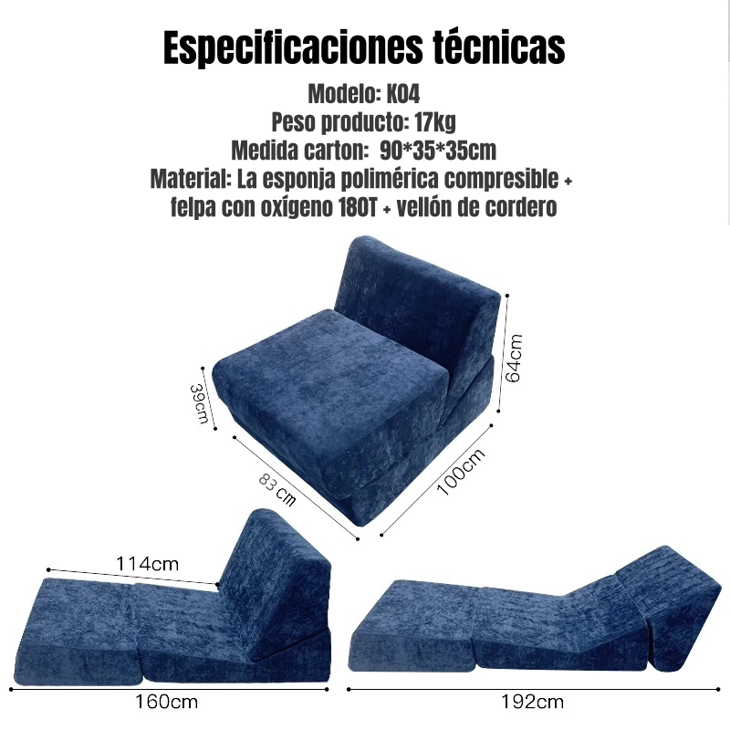 SILLON SOFA CAMA COMPRIMIDO CONVERTIBLE 3 EN 1 K04 AZUL - 8