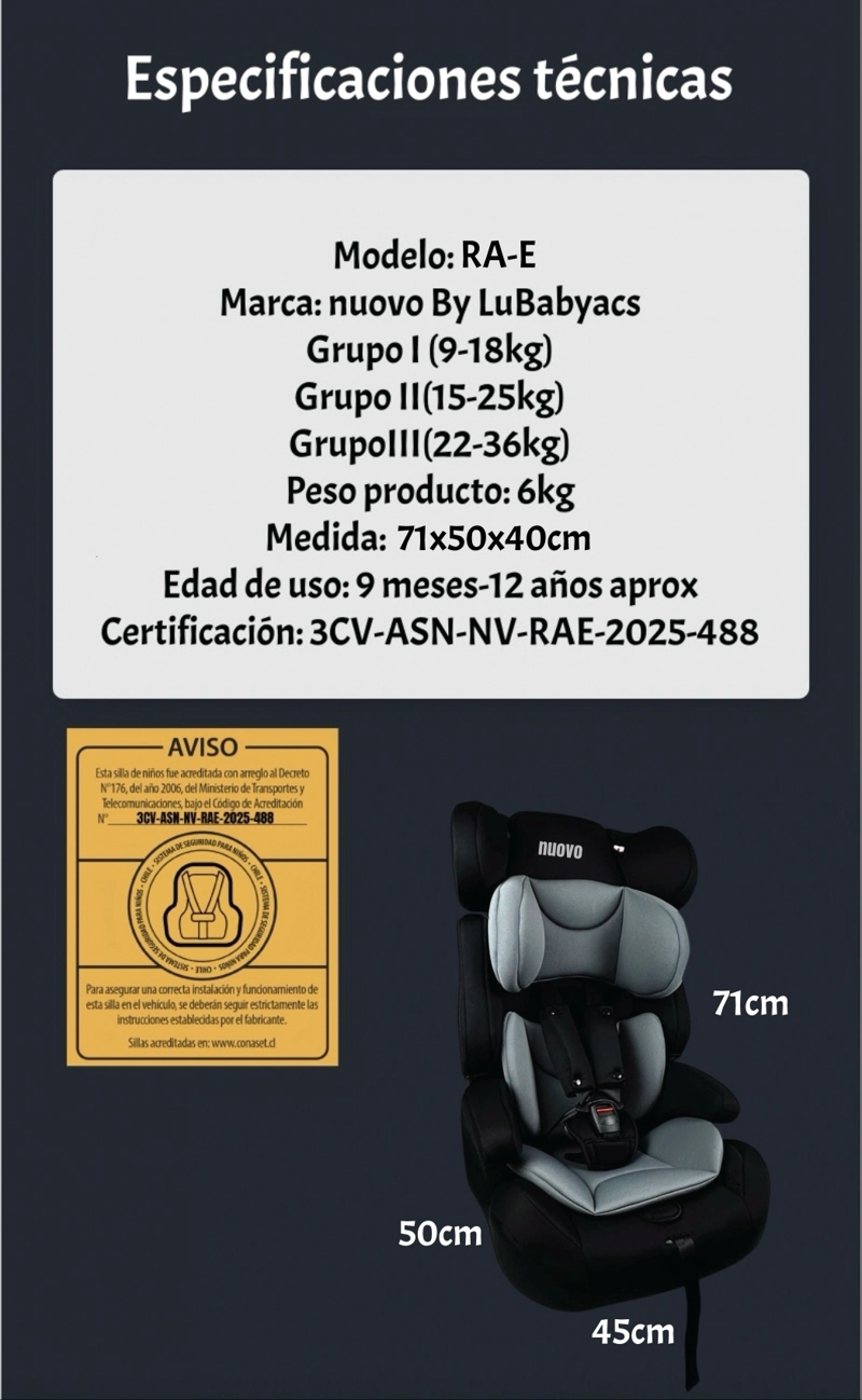 SILLA DE AUTO BUTACA 9-36KG 12 AÑOS GRIS RA-E LUBABYCAS - 6