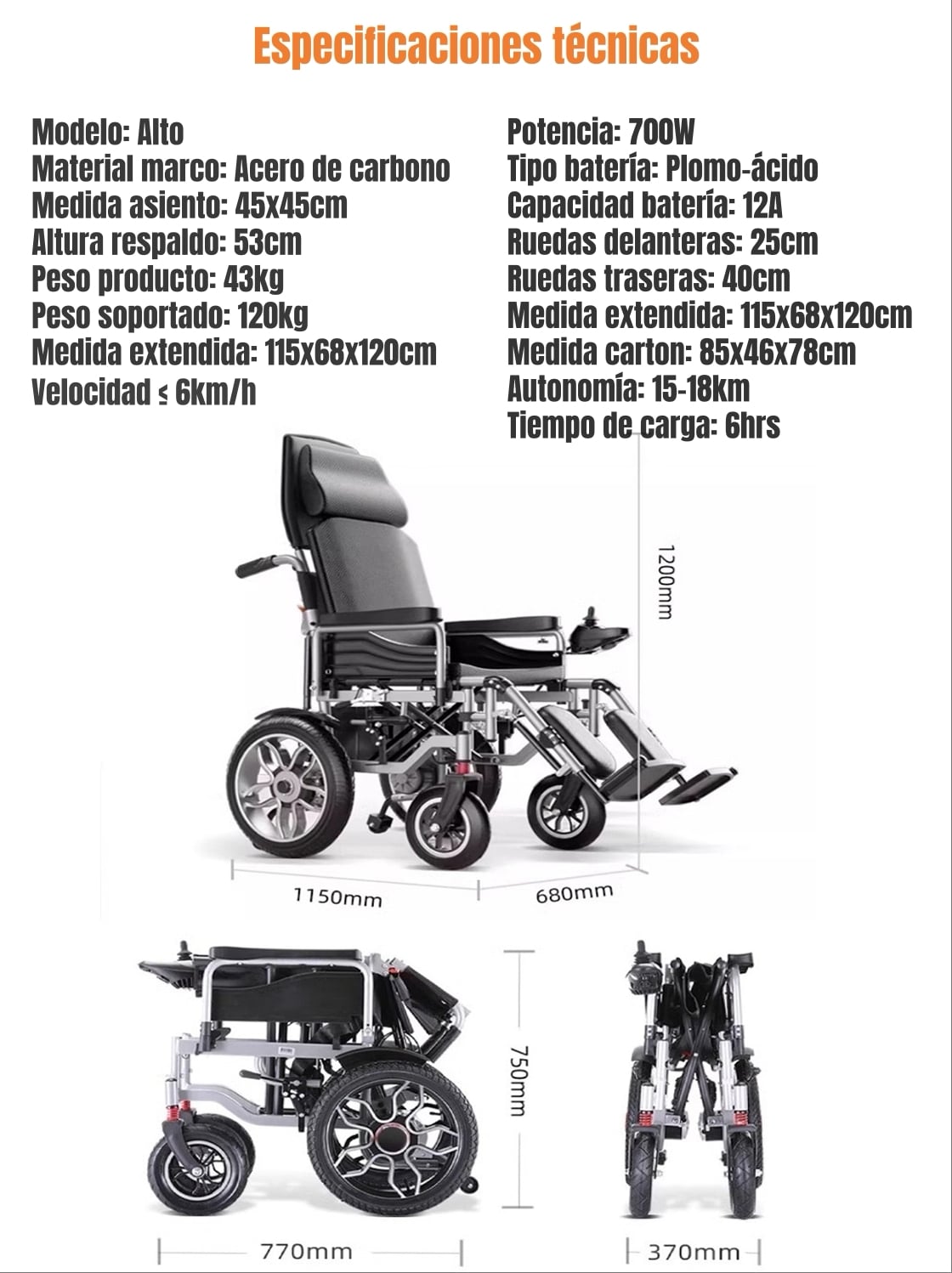 SILLA DE RUEDAS ELE CTRICA 700W 18KM PLEGABLE ALTO LUBABYCAS - 8