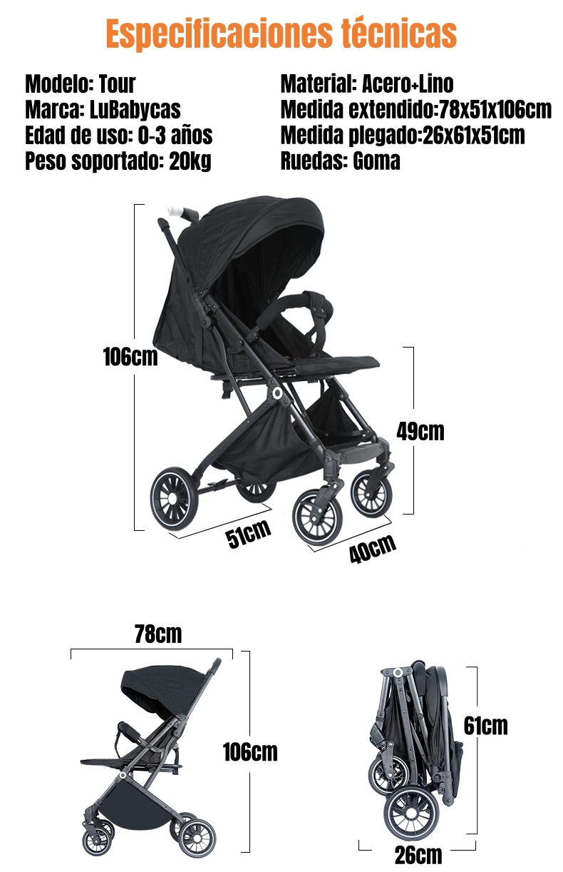 COCHE DE PASEO MALETA COMPACTO 0-3 AÑOS TOUR NEGRO LUBABYCAS - 8