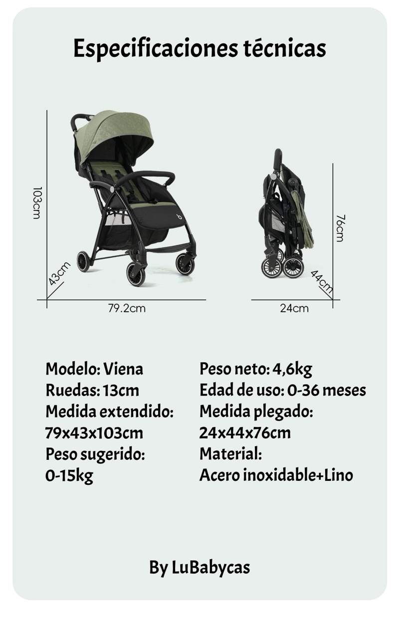 COCHE DE PASEO ULTRA COMPACTO LIVIANO VIENA VERDE LUBABYCAS - 8