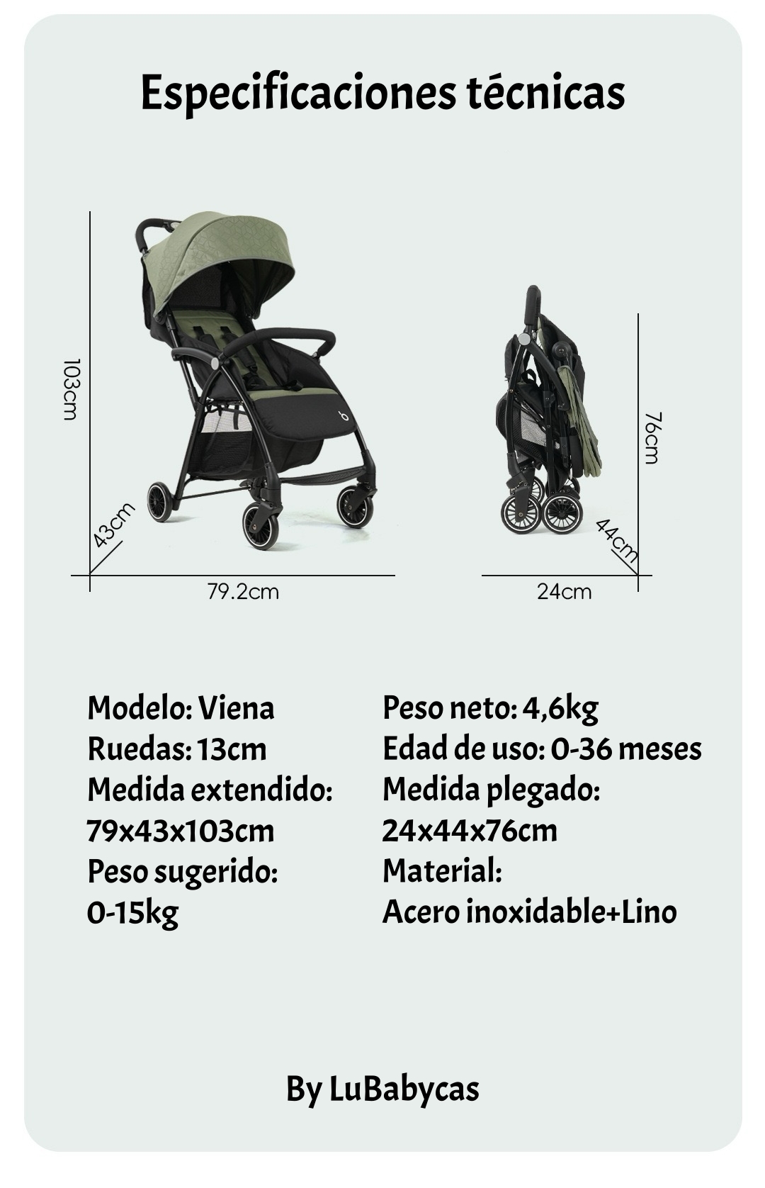 COCHE DE PASEO ULTRA COMPACTO LIVIANO VIENA VERDE LUBABYCAS - 8