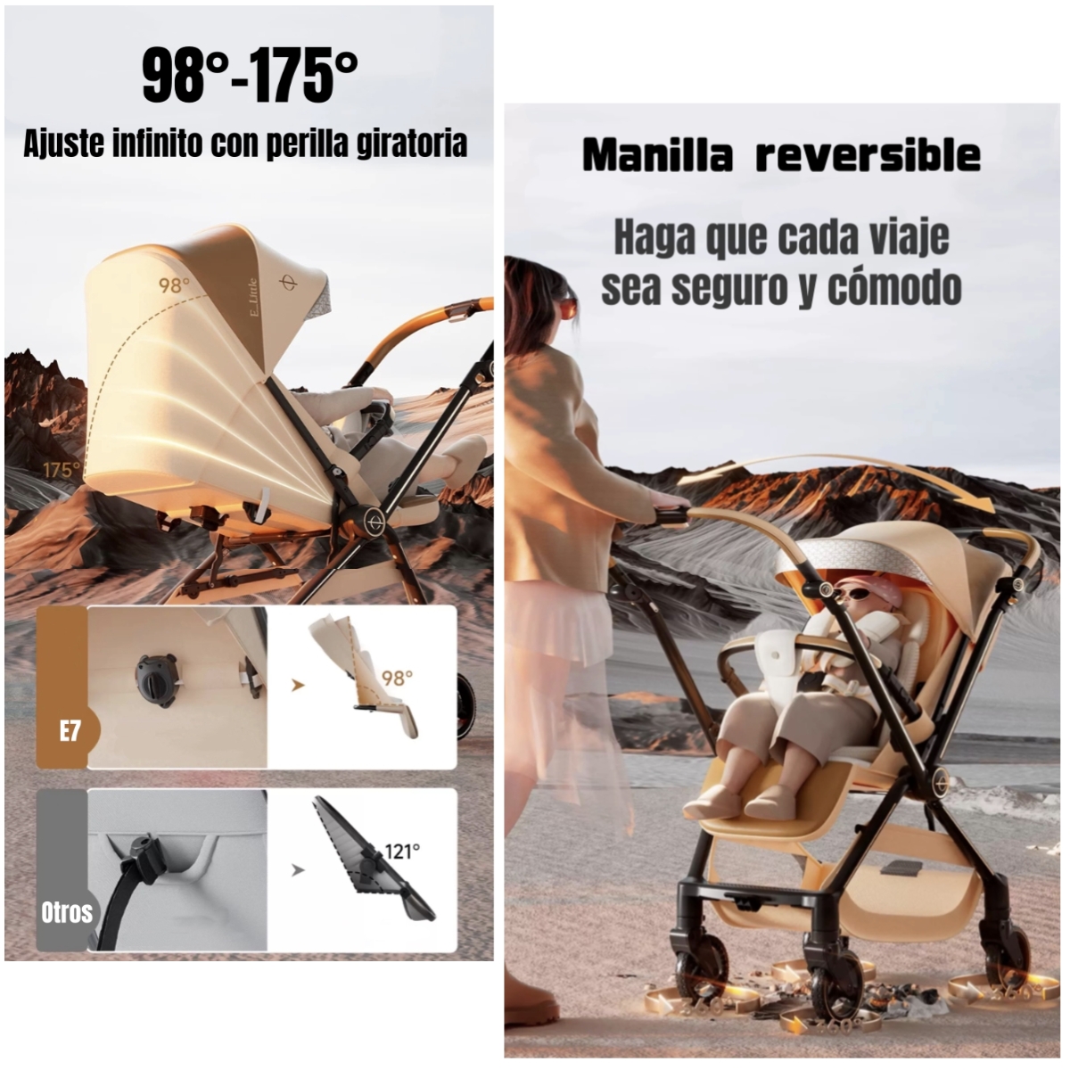 COCHE DE PASEO REVERSIBLE NUEVA TECNOLOGIA ELITTLE E7 DORADO - 5
