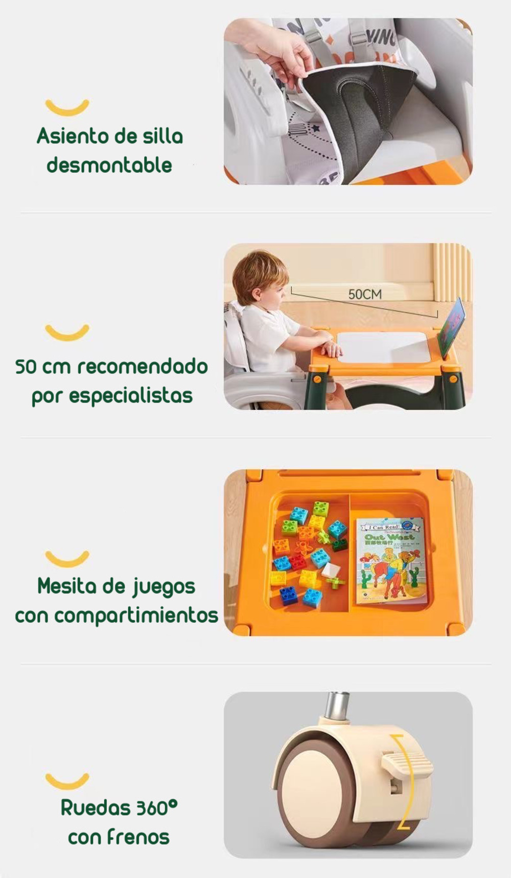 SILLA DE COMER MULTIFUNCIONAL CON RUEDAS NARANJA LUBABYCAS - 7