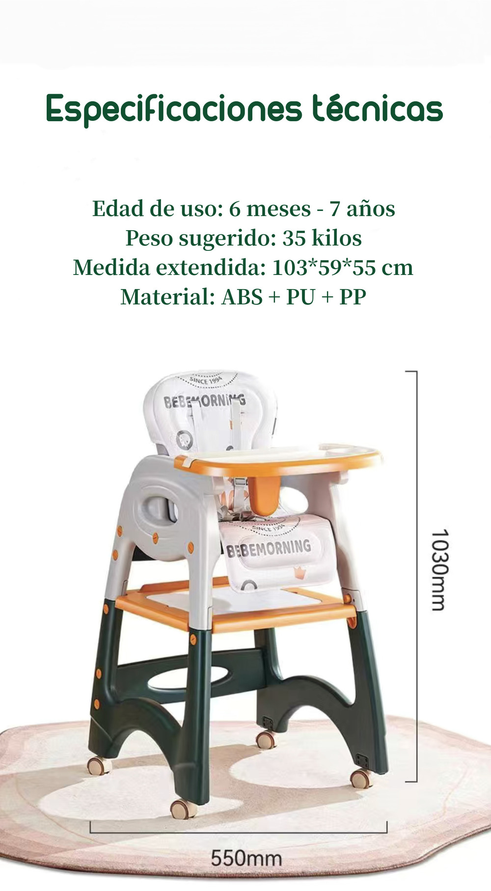 SILLA DE COMER MULTIFUNCIONAL CON RUEDAS NARANJA LUBABYCAS - 8