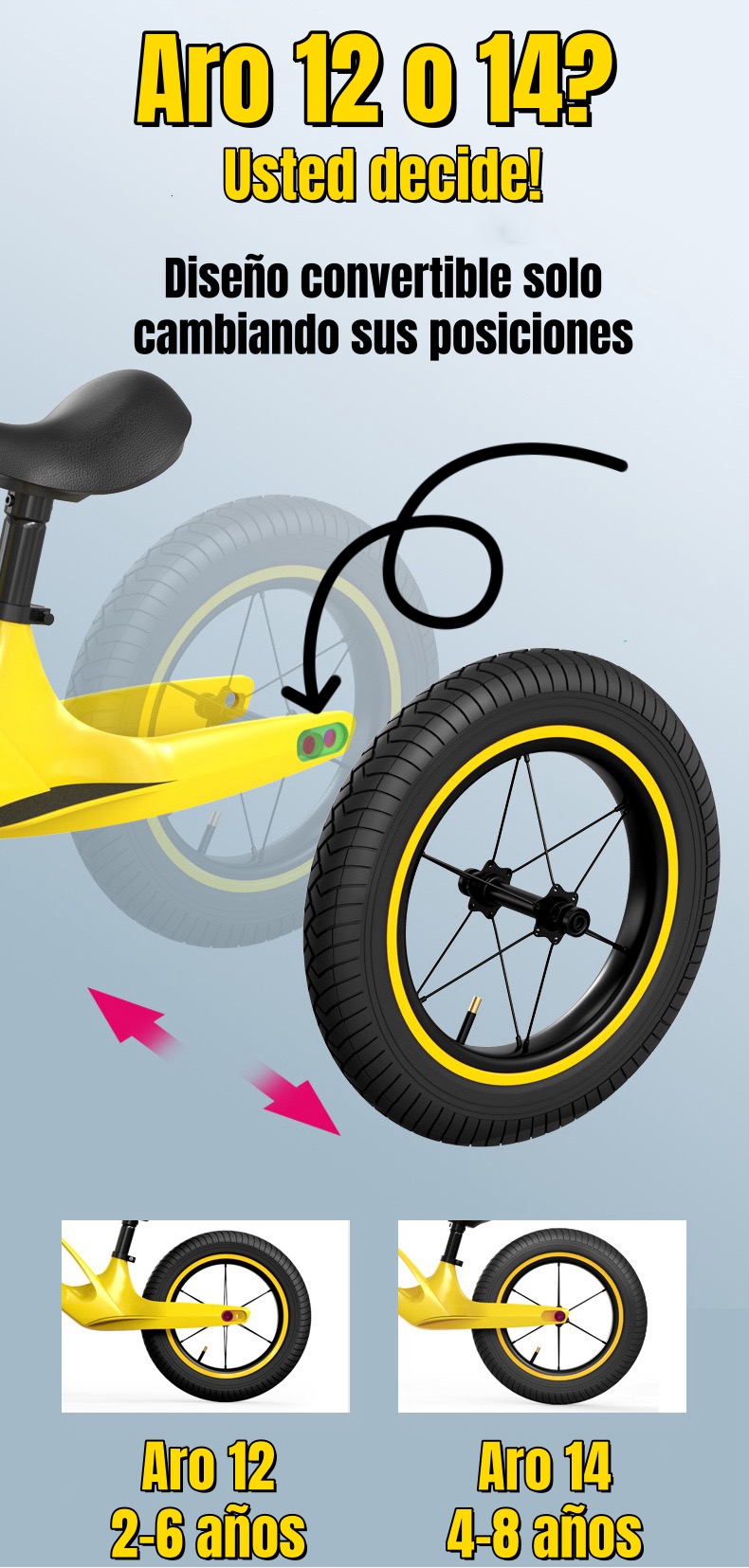 BICICLETA DE EQUILIBRIO CONVERTIBLE ARO 12 Y 14 ROSADA - 3