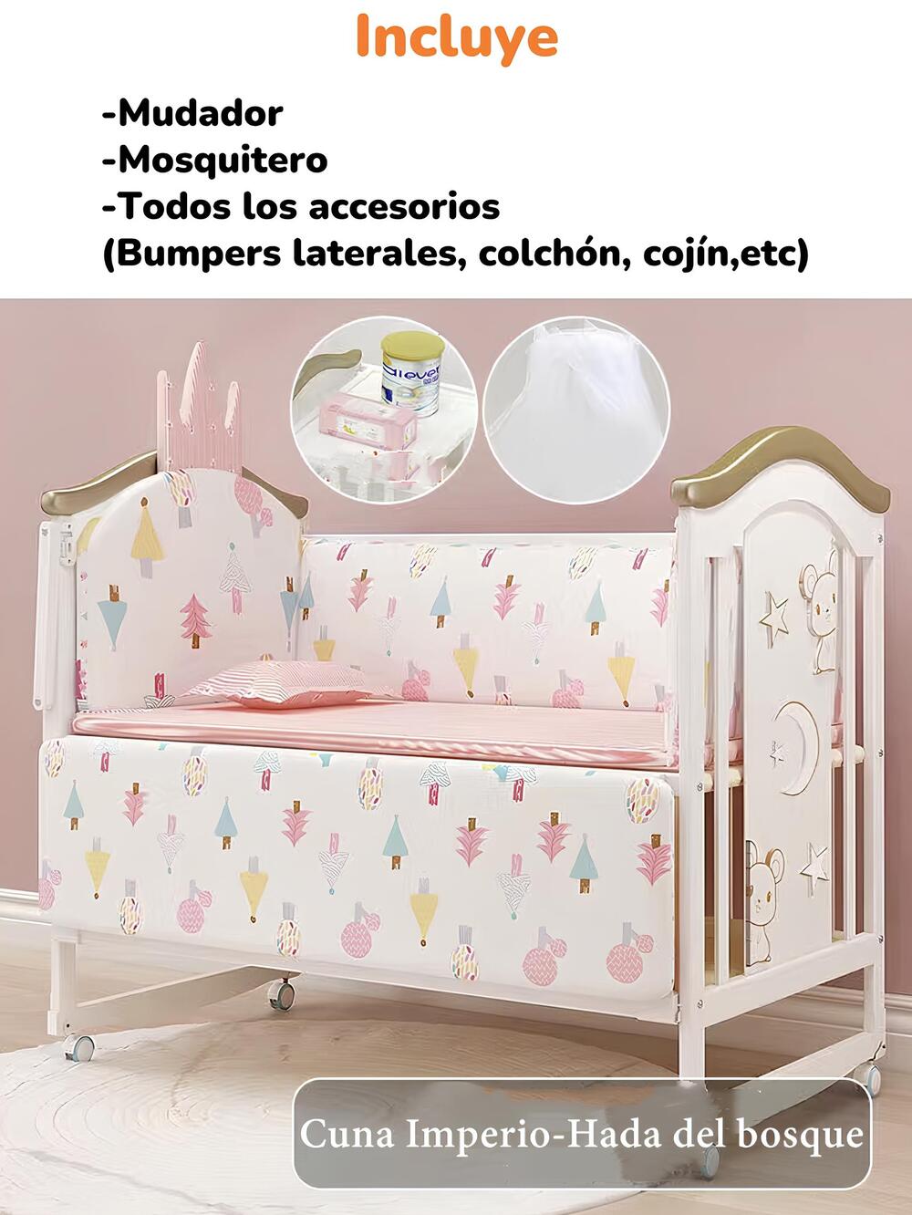 CUNA COLECHO MADERA CON MUDADOR MOSQUITERO LUBABYCAS ROSADA - 2