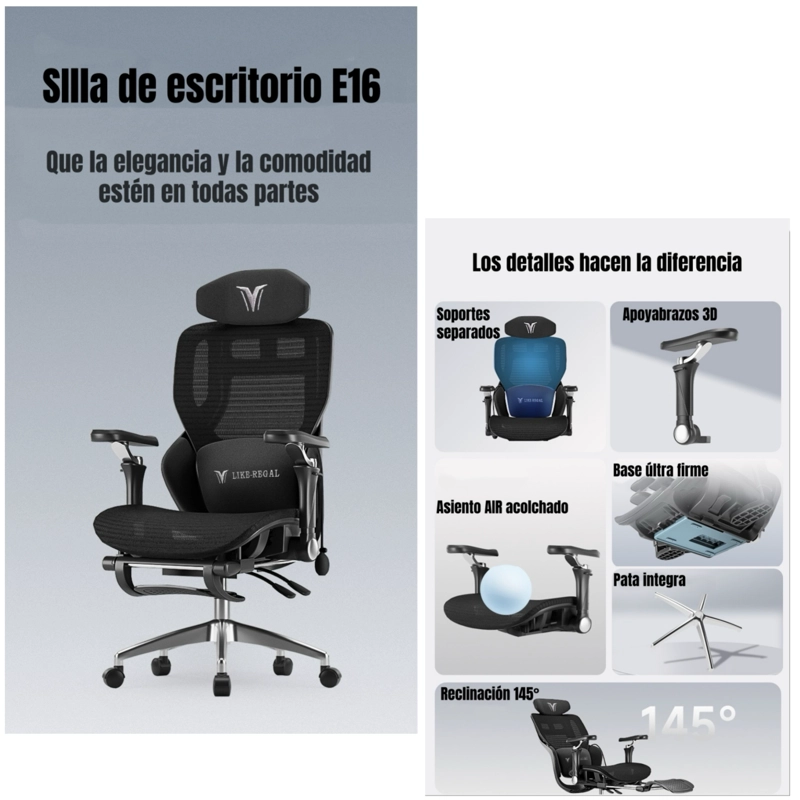 SILLA DE ESCRITORIO RECLINABLE CON REPOSAPIES E16 NEGRA - 2