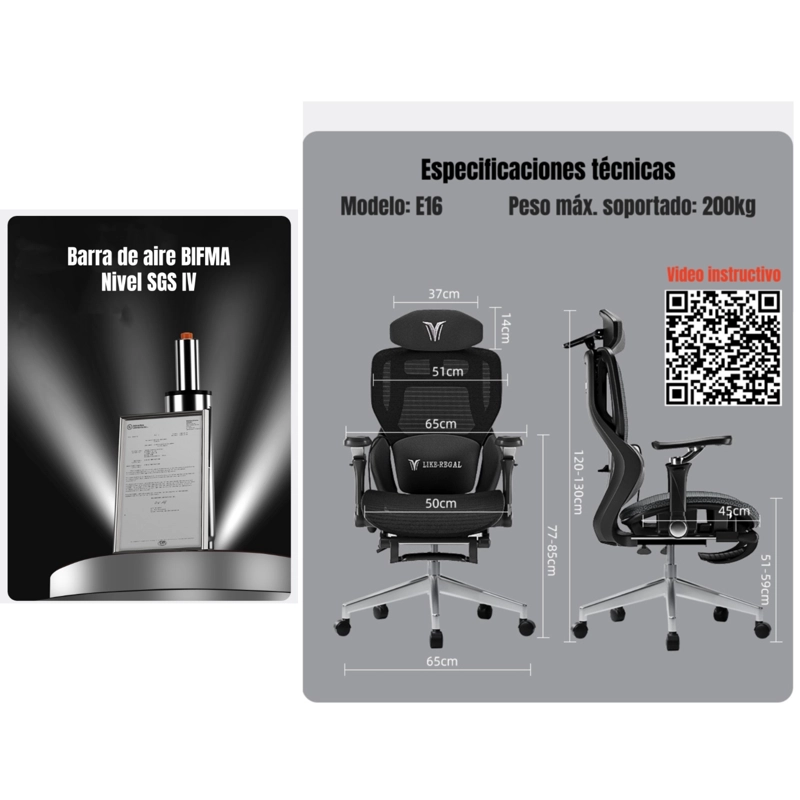 SILLA DE ESCRITORIO RECLINABLE CON REPOSAPIES E16 NEGRA - 8