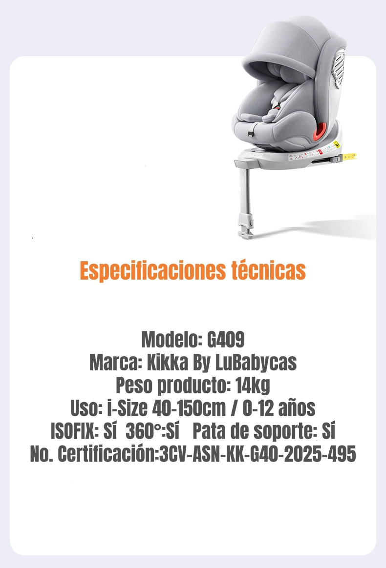 SILLA DE AUTO CONVERTIBLE 360° ISOFIX Y PATA APOYO LUBABYCAS - 8