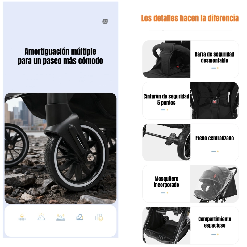 COCHE PASEO REVERSIBLE CON MOSQUITERO FOCUS GRIS LUBABYCAS - 7