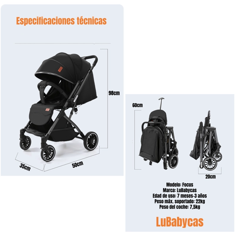COCHE PASEO REVERSIBLE CON MOSQUITERO FOCUS GRIS LUBABYCAS - 8
