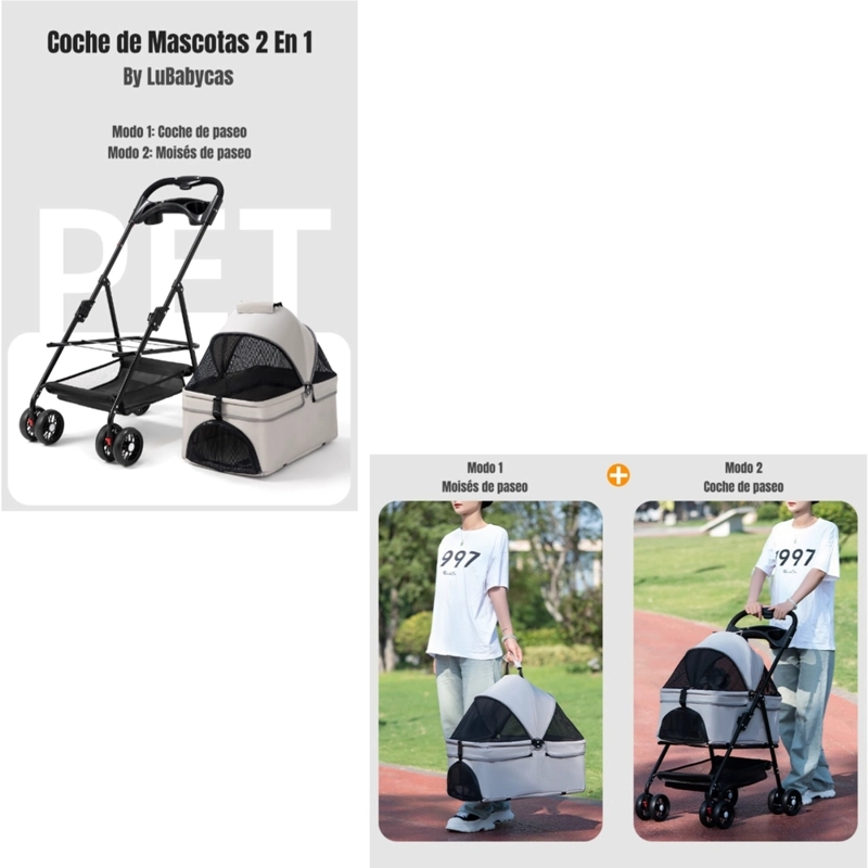 COCHE PARA MASCOTAS PERROS GATOS 2 EN 1 LUBABYCAS ROSADO - 2